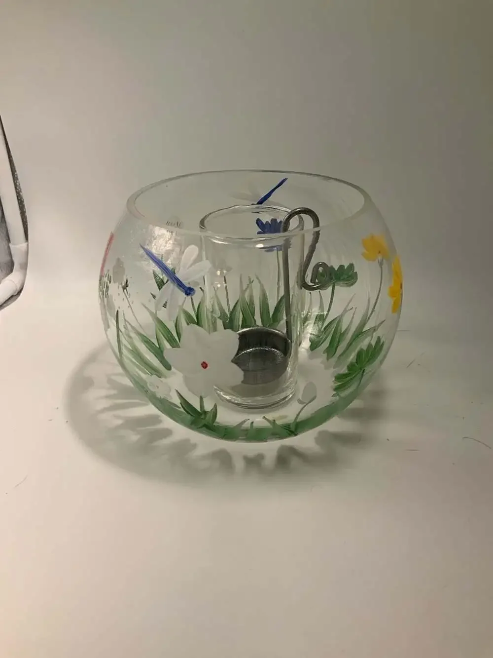 Royal Danube Hand Painted Floral and Butterfly Glass Bowl with Center Insert